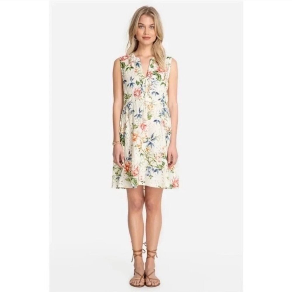 Johnny Was Jade Caprice Women Floral Lace Up Eyelet Silk Blend Mini Dress Size L